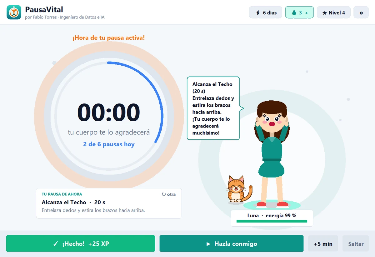 PausaVital avisando que es hora de la pausa activa con un ejercicio sugerido.