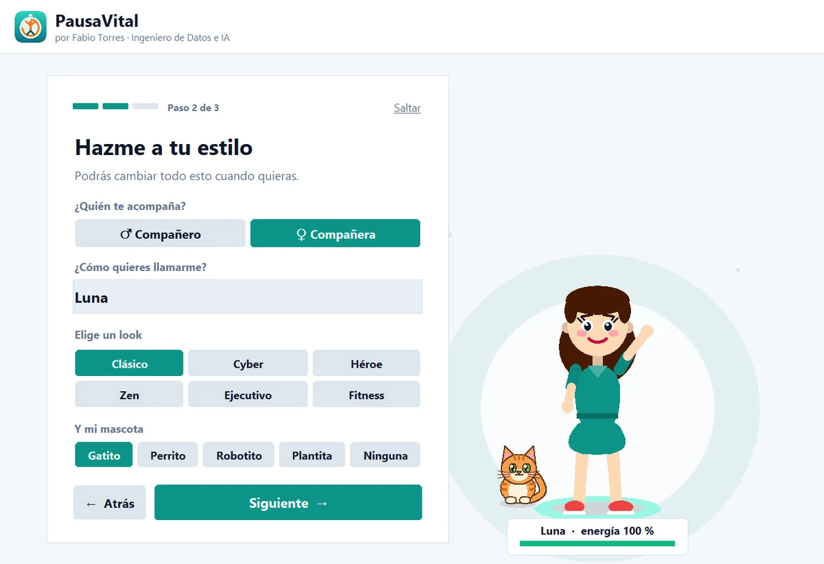 Pantalla de bienvenida donde eliges si te acompaña un compañero o una compañera, su nombre, su look y su mascota.