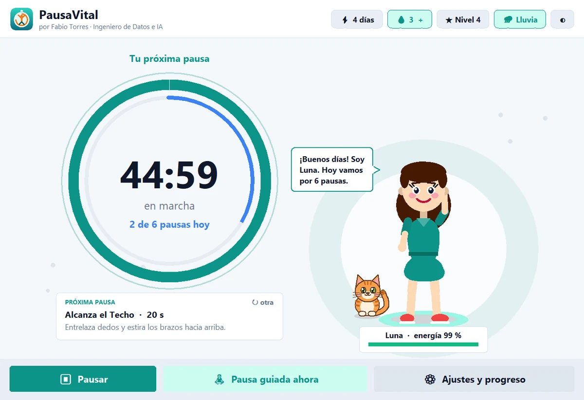 Pantalla principal de PausaVital: reloj circular con la próxima pausa, ejercicio sugerido y el personaje animado con su mascota.