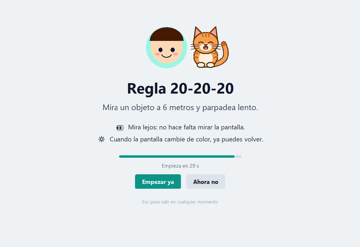 Pausa guiada a pantalla completa: Luna y su gatito explican la regla 20-20-20 y avisan que la pantalla cambiará de color al terminar.